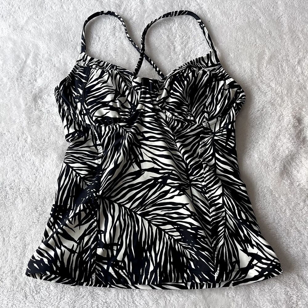 Athleta Swim Women 34 D DD Black White Leaf Tropical Bathing Suit Wire Tankini